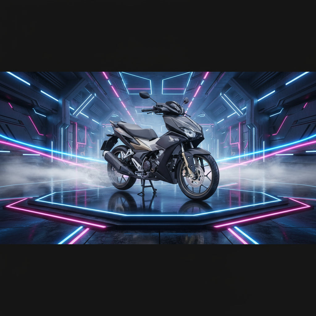 Motorcycle helmet with a reflective surface showing a blurred background.